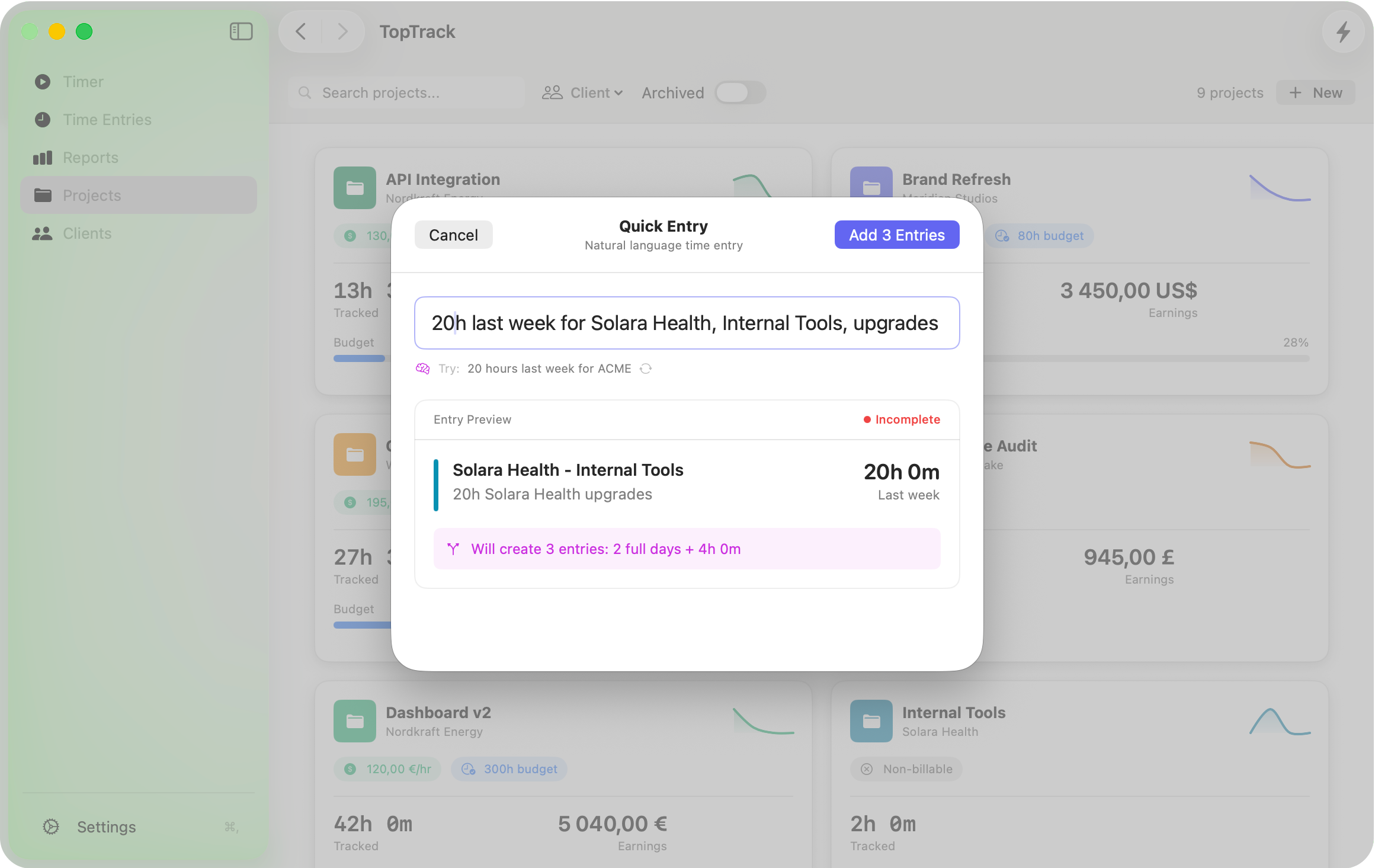 Natural Language Quick Entry